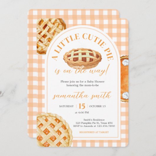 Little Cutie Pie Gingham Baby Shower 招待状 (正面/裏面)