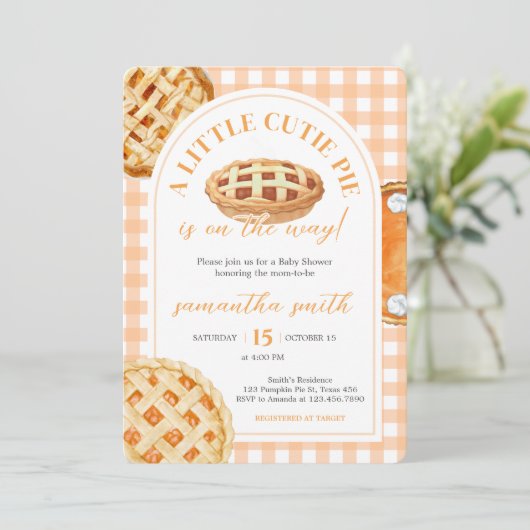 Little Cutie Pie Gingham Baby Shower 招待状 (スタンド正面)