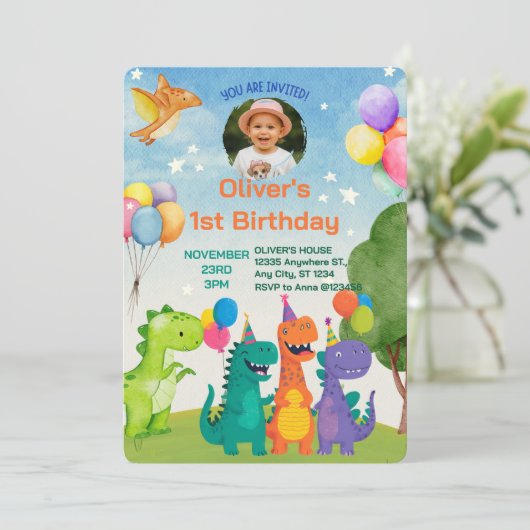 Little Dino 1st Birthday Invitation 招待状 (スタンド正面)