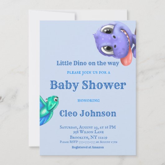 Little Dino on the Way Blue Boy Baby Shower Invita 招待状 (正面)