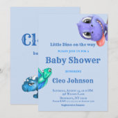 Little Dino on the Way Blue Boy Baby Shower Invita 招待状 (正面/裏面)