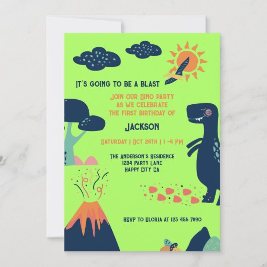 Little Dinosaur Volcano Green Blue 1st Birthday 招待状 (正面)