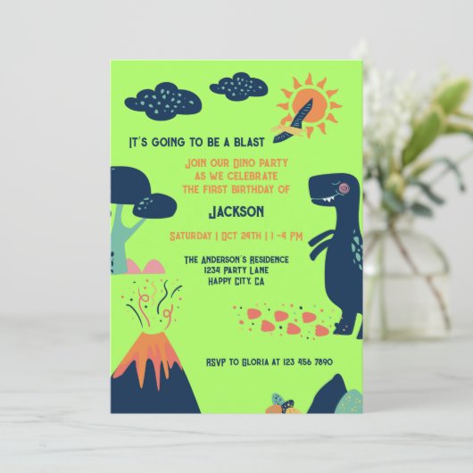 Little Dinosaur Volcano Green Blue 1st Birthday 招待状 (スタンド正面)