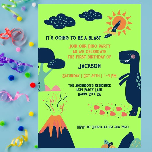 Little Dinosaur Volcano Green Blue 1st Birthday 招待状