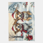 Little Dogs in Preppy Winter Attire and Hat Winter キッチンタオル (縦)