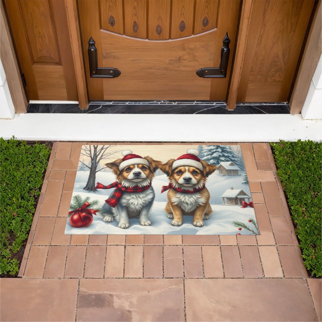 Little Dogs in Preppy Winter Attire and Hat Winter ドアマット (室外)