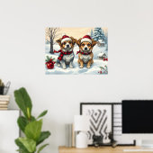 Little Dogs in Preppy Winter Attire and Hat Winter ポスター (ホームオフィス)