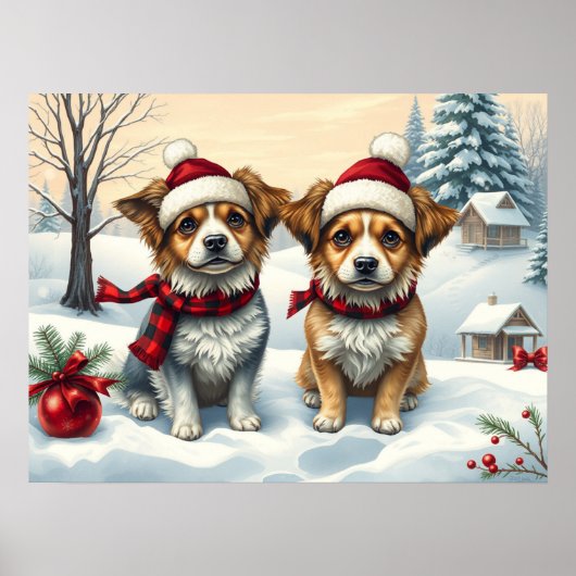 Little Dogs in Preppy Winter Attire and Hat Winter ポスター (正面)