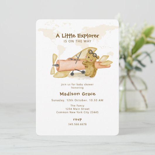 Little Explorer Bear Map Airplane Baby Shower 招待状 (スタンド正面)
