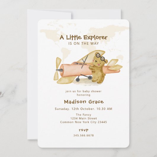 Little Explorer Bear Map Airplane Baby Shower 招待状 (正面)