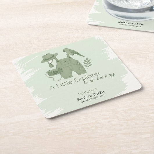Little Explorer Is On The Way Baby Shower スクエアペーパーコースター (アングル)