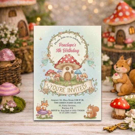 Little Fairies House Mushrooms 5th Birthday Party 招待状