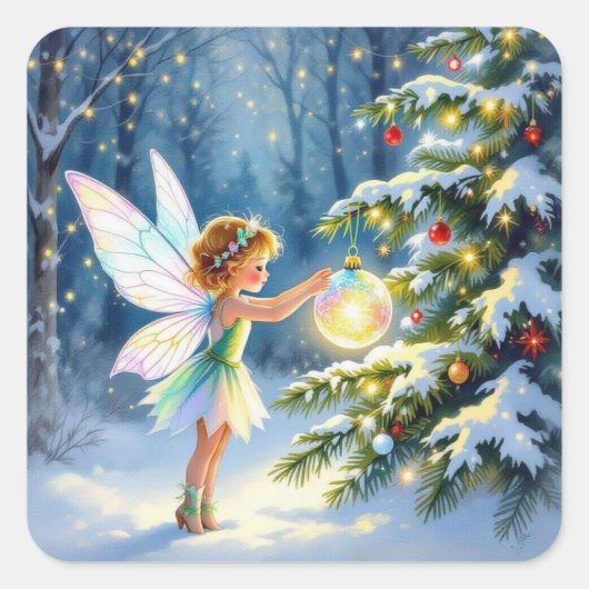 Little Fairy Decorating Christmas Trees スクエアシール (正面)