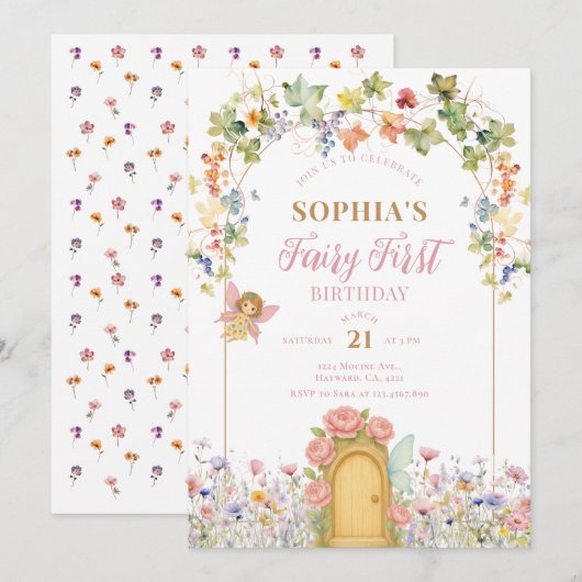 Little Fairy First Door Birthday 招待状 (正面/裏面)