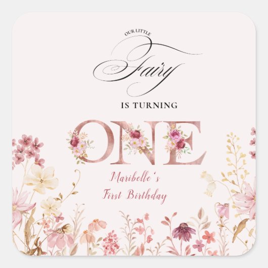 Little Fairy Floral Garden First Birthday スクエアシール (正面)