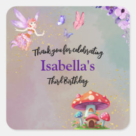 Little Fairy Mushroom House Butterflies Any Age スクエアシール