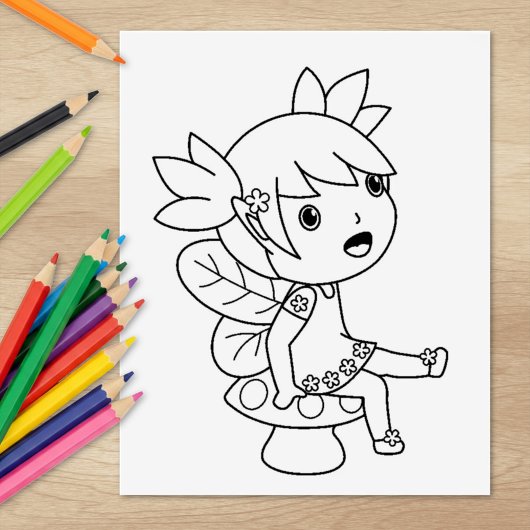 Little Fairy on a Toadstool - Coloring Page ラバースタンプ