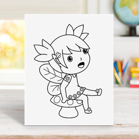 Little Fairy on a Toadstool - Coloring Page ラバースタンプ
