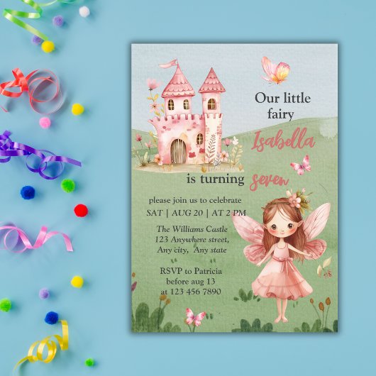 Little Fairy Pink Castle Butterfly Any Age  招待状