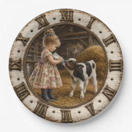 Little Farm Girl Feeding Baby Calf Farmhouse ペーパープレート