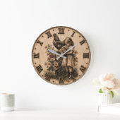 Little Farm Girl & Rooster Rustic Farmhouse ラージ壁時計 (ホーム)