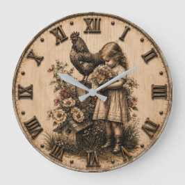 Little Farm Girl & Rooster Rustic Farmhouse ラージ壁時計