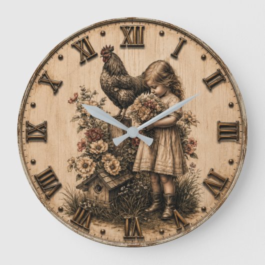 Little Farm Girl & Rooster Rustic Farmhouse ラージ壁時計 (正面)
