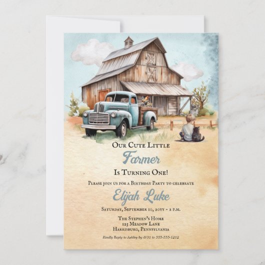 Little Farmer Is Turning One 1st Birthday Party 招待状 (正面)