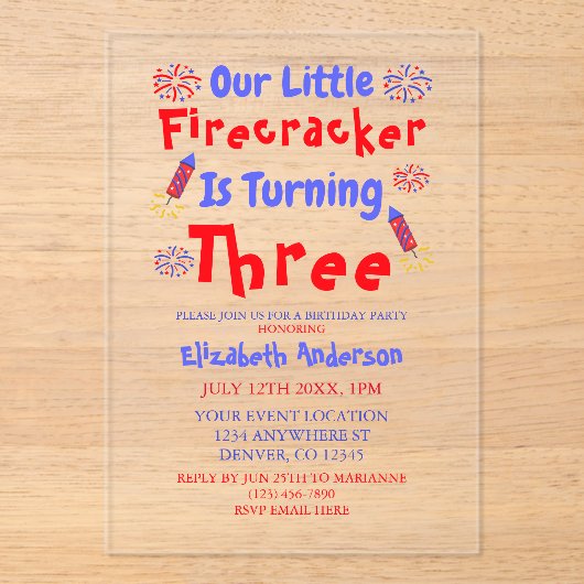 Little Firecracker 3rd Birthday アクリル招待状 (正面)