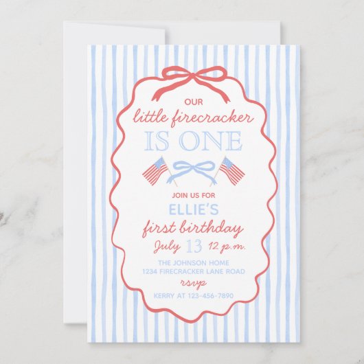 Little Firecracker 4th of July 1st Birthday 招待状 (正面)