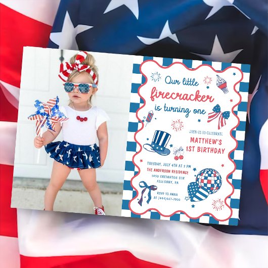 Little Firecracker 7月1日の4th誕生日の写真 招待状