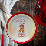 Little Firefighter Teddy Bear Baby Shower  ペーパープレート<br><div class="desc">Celebrate your newest little hero with these charming firefighter baby shower party decor paper plates featuring an adorable teddy bear dressed in classic red turnout gear. Designed in a soft vintage watercolor style, this creation blends warm firehouse reds, subtle star details, and a coordinating flaming hydrant pattern for a cohesive...</div>