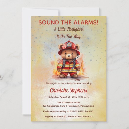 Little Firefighter Teddy Bear Baby Shower 招待状 (正面)