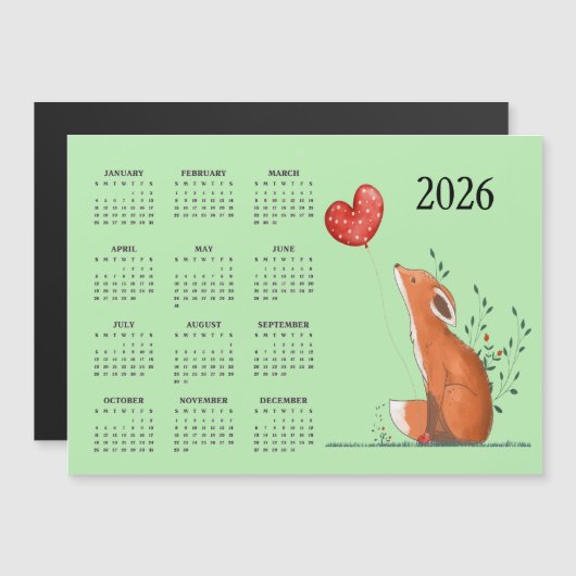 Little Fox Design 2026 Calendar Magnetic Card (正面/裏面)
