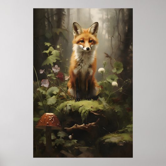 Little Fox In Forest Wall Print, Botanical Dark ポスター (正面)