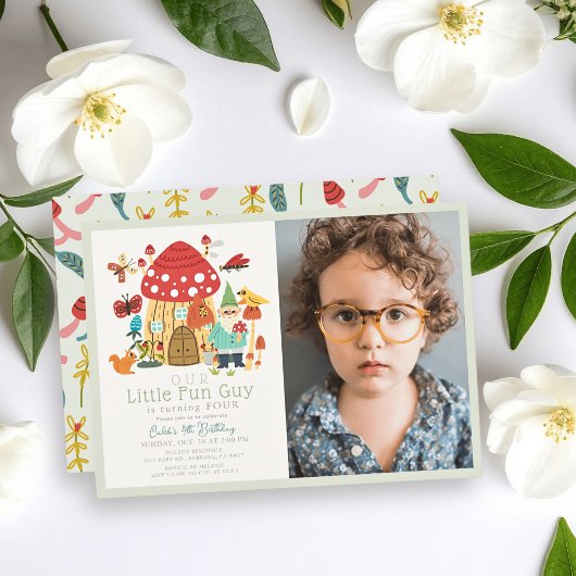 Little Fun Guy Gnome Mushroom Photo Boy Birthday 招待状