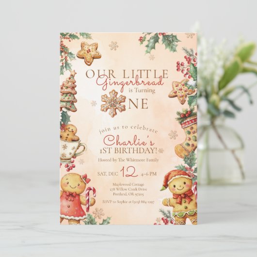 Little Gingerbread 1st Birthday Christmas 招待状 (スタンド正面)