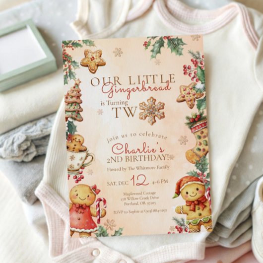 Little Gingerbread 2nd Birthday Christmas 招待状