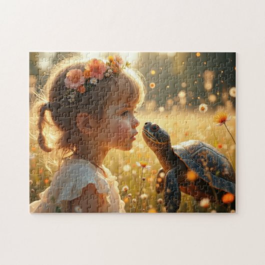 Little girl and the turtle in the wildflowers ジグソーパズル (横)