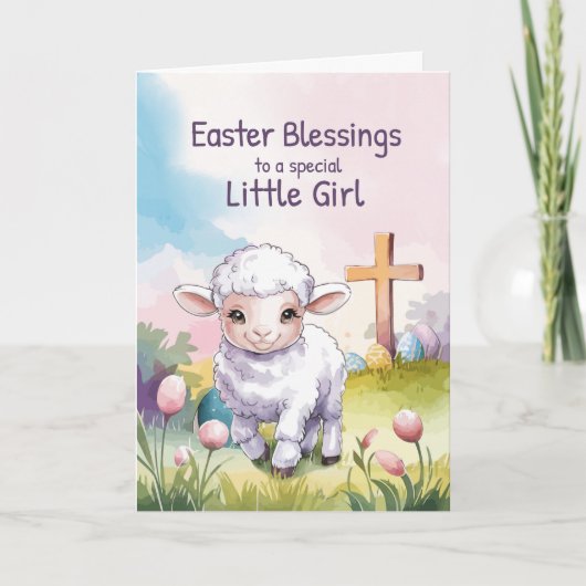 Little Girl Easter Blessings Christian Lamb カード (正面)