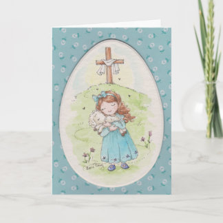 Little Girl Holding a Lamb Easter Morning カード
