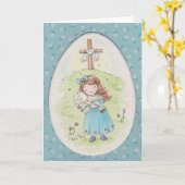 Little Girl Holding a Lamb Easter Morning カード (黄色い花)