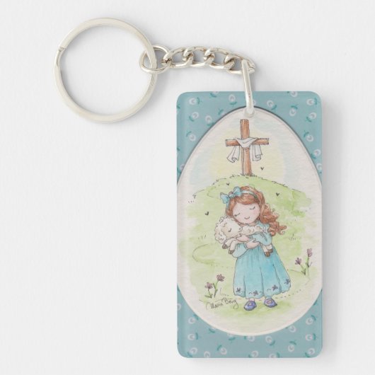 Little Girl Holding a Lamb Easter Morning キーホルダー (正面)