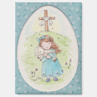 Little Girl Holding a Lamb Easter Morning マグネット