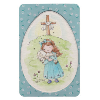 Little Girl Holding a Lamb Easter Morning マグネット