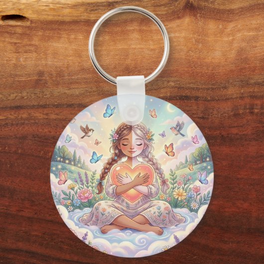 Little Girl Hugging Peaceful Heart キーホルダー (正面)