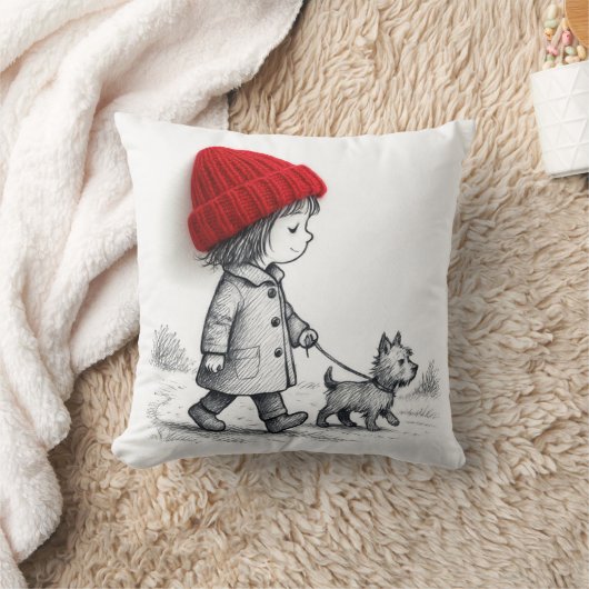 Little Girl In 3-D Red Hat Walking Her Dog クッション (ブランケット)