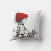Little Girl In 3-D Red Hat Walking Her Dog クッション (裏面)