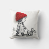 Little Girl In 3-D Red Hat Walking Her Dog クッション (正面)