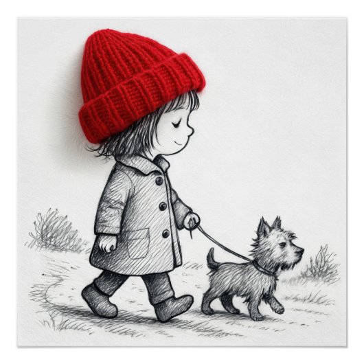 Little Girl In 3-D Red Hat Walking Her Dog ポスター (正面)